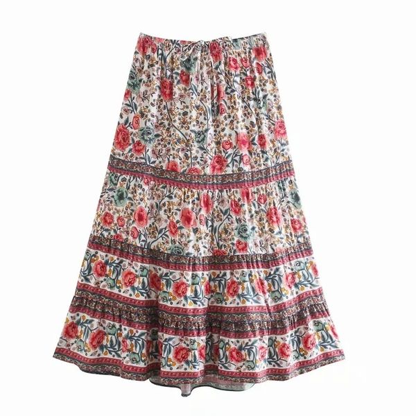 

women vintage flower printing midi skirt casual female elastic waist loose streetwear p1937 210430, Black