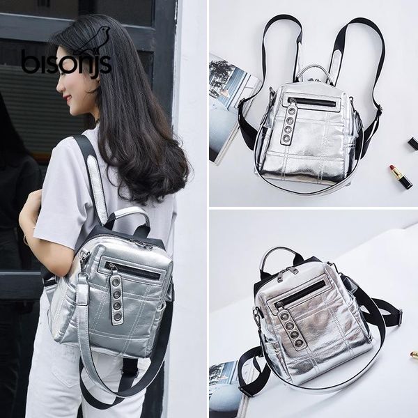 

women pu leather backpacks female reflect light high-capacity silver solid backpack for girls school travel bag back pack