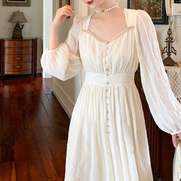 

french elegant long fairy dress full sleeve square collar vintage party wedding autumn women's clothing 210604, Black;gray