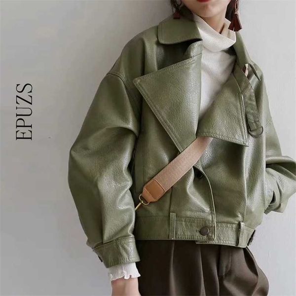 

women faux leather jacket long sleeve green pu coat streetwear punk motorcycle casual ladies outwear 211215, Black