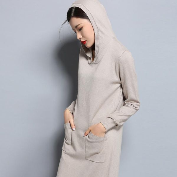 

casual dresses fashion autumn and winter women long sweater with hat loose pullovers simple knitted dress, Black;gray