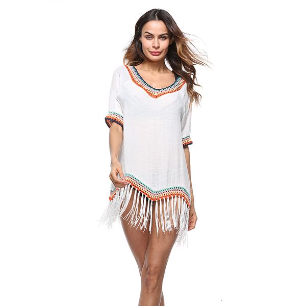 

women's swimwear colorful handmade crochet pareos patchwork slim bohemian fringe sheer beach bikini cover up ho30, White;black