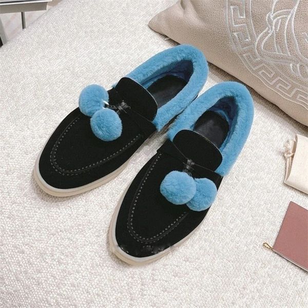 

bohemia winter new flat loafers shoes boots women wool flat warm walk shoes woman plush ball pendant designer brand fur shoe mu, Black