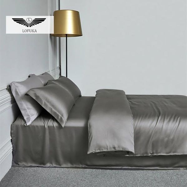 

lofuka women 100% silk dark gray bedding set silky soft duvet cover  king flat sheet fitted pillowcase home textile sets