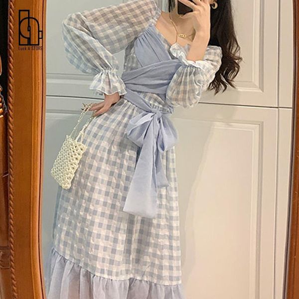 

casual dresses spring and autumn french retro bubble long-sleeved tie ruffled plaid dressmid-length princess dress blue sweet temperament, Black;gray