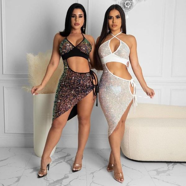 

casual dresses 2021 ladies fashion elegant diamond see-through slim dress workplace nightclub bar female, Black;gray