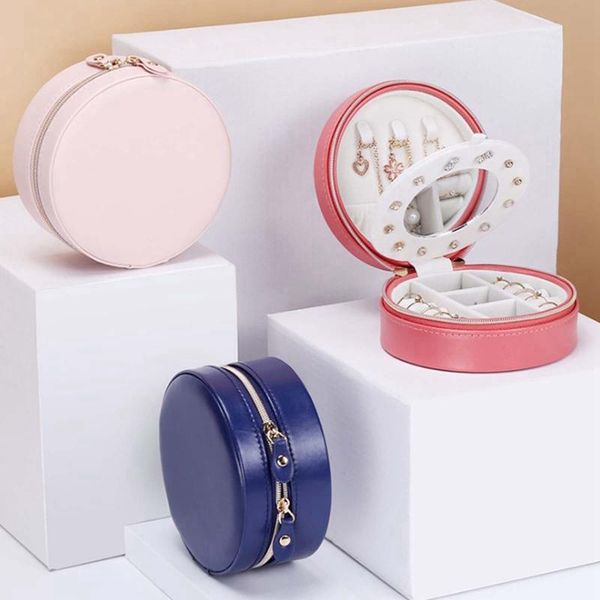 

jewelry storage box portable earring round travel zipper leather gift boxes & bins