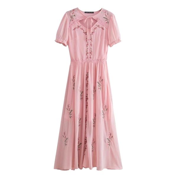 

pink v neck lace up floral flower embroidery short sleeve chiffon midi dress elegant d0666 210514, Black;gray