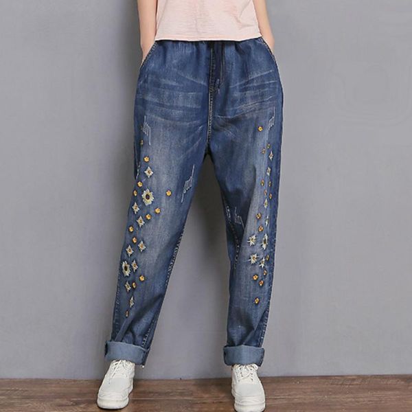 

women's jeans elastic waist 9/10 length capri harem for women, Blue