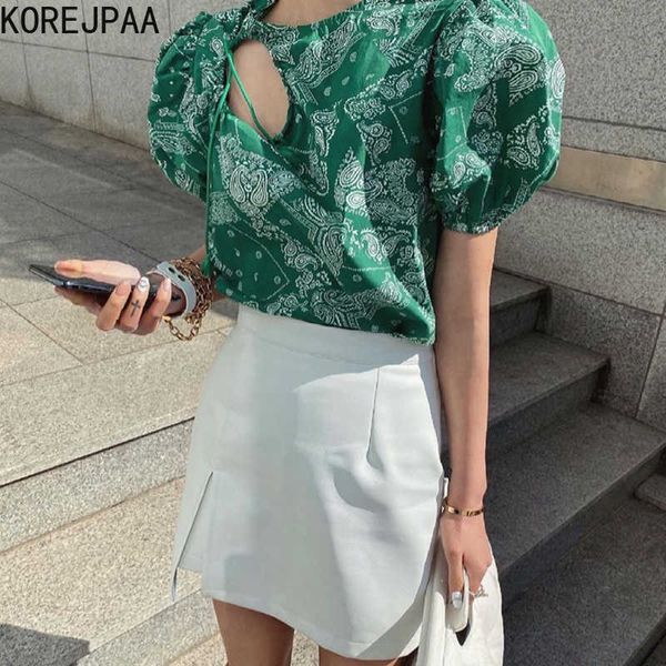 

korejpaa women dress sets korean retro print o-collar hollow rope bubble sleeve shirt and high waist bag hip open fork skirt 210526, White