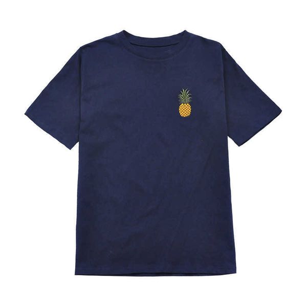 Vielleicht U Navy Blau Weiß Ananas Stickerei Kurzarm O Neck Tees Tops T Shirt Casual Frauen Weibliche B0119 210529