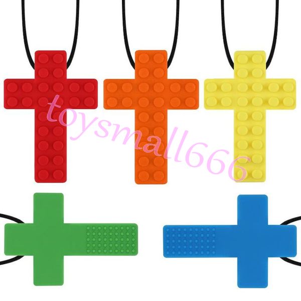 

2021 cross shape autism building block teething bead pendant durable nursing baby silicone autistic peace sensory chew molar necklace set co