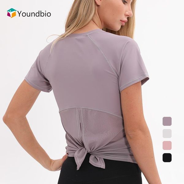 

yoga outfit youndbio 2021 mesh loose sports shirt ladies summer workout solid color gym fitness push up female short sleeve