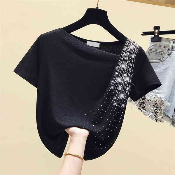 

ladies harajuku one shoulder pullover t-shirt summer new chic fashion clothes black diamond short sleeve t shirt 210322, White