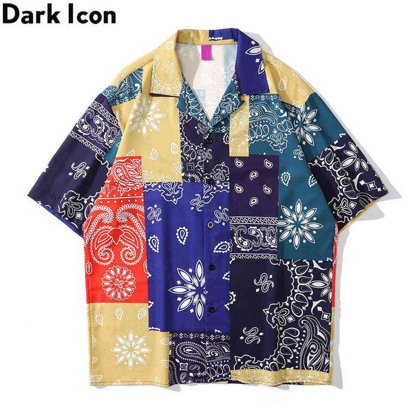 

bandana patchwork hawaiian shirt men summer vintage polo shirts street shirts for man 210603, White;black