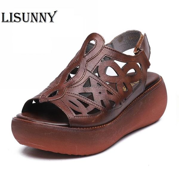 

women platform sandals 2021 summer genuine leather hollow open toe retro mother shoes solid hook & look zapatillas mujer, Black