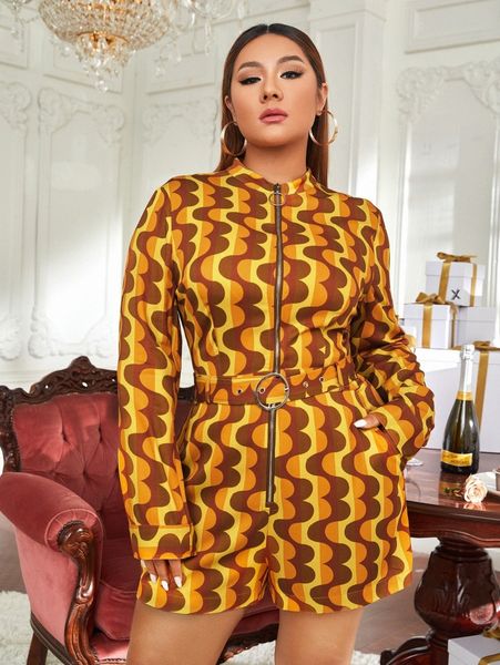 

x simone rogers plus allover print zipper front belted romper w6cx#, Black