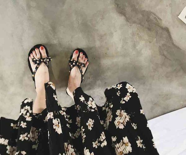 

slippers summer ladies slippers fashion rivets bow flat flip flops female beach outdoor sandals size 36-40 9kix, Black