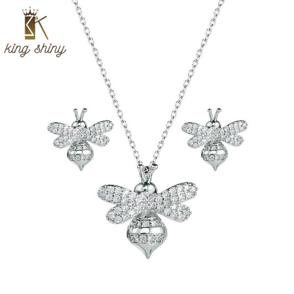 

earrings & necklace king shiny luxury crystal bee jewelry set vintage cubic zirconia pendant stud bridal wedding, Silver