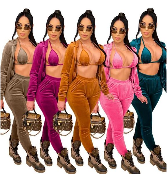 

women jogger velvet 3 piece set bra zipper long sleeve hooded coat pencil pants suit fashion tracksuit women's two, White