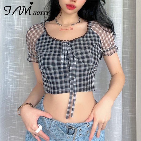 

women's t-shirt lace up chest plaid cropped women checkerboard ruffle kawaii t-shirts korean fashion chic chess shirt pullovers 90s iam, White