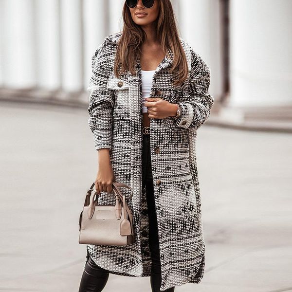 

women's wool & blends autumn casual single breasted long sleeve cardigan jacket winter blend overcoat elegant pattern print women outer, Black