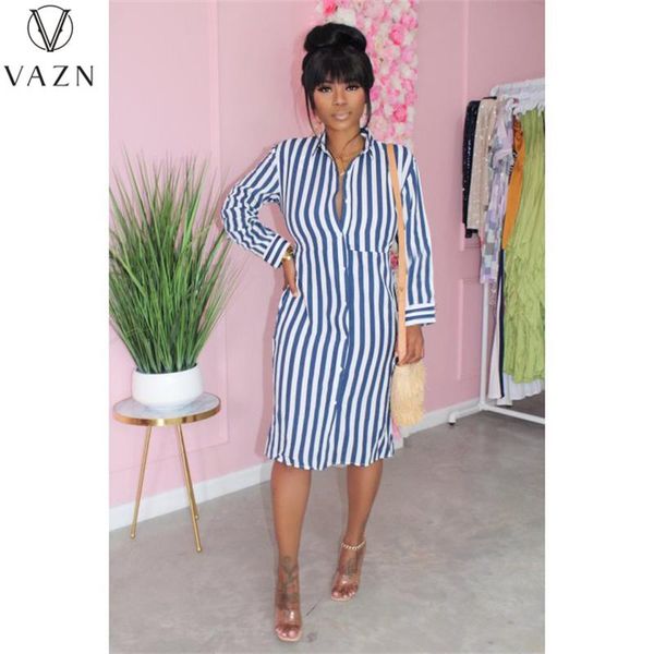 

casual dresses vazn 2021 women spring street tyle long sleeve lapel striped mid shirt, Black;gray