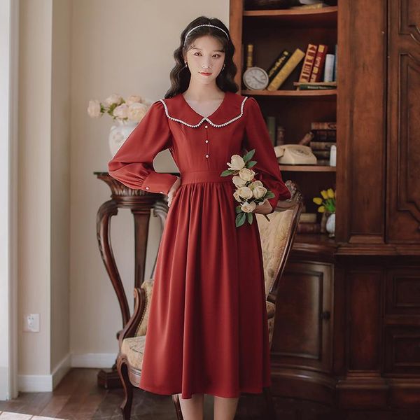 

casual dresses female elegant pure color pearl cute chic doll collar dress red retro vestidos long sleeve autumn temperament midi, Black;gray