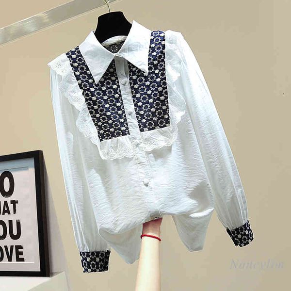 

blouses retro contrast color white black shirt women's spring korean style loose embroidered ruffled long sleeve casual blouse top