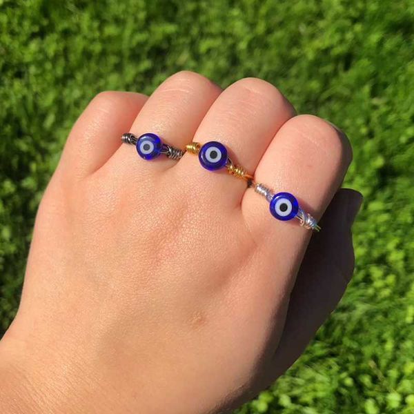 

cluster rings turkish evil eye ring men copper gold wire wrapped for women lucky blue glass bead wedding goth trendy jewlery, Golden;silver