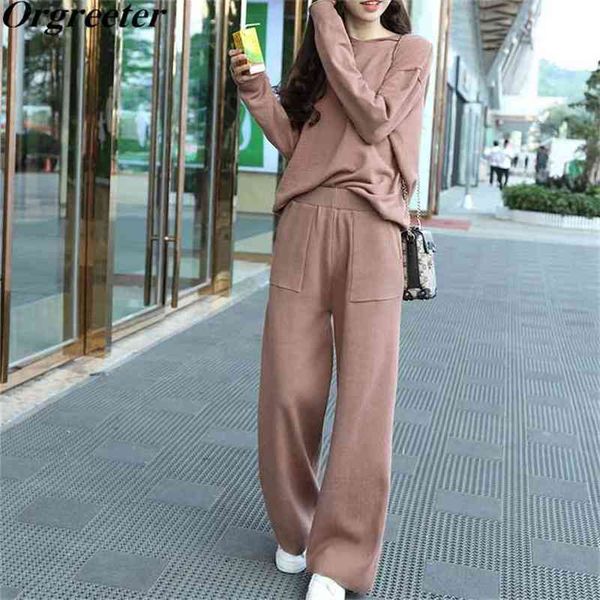 

autumn winter hoodies knitted suits women solid loose pullover and wide-leg pants sets 210602, White