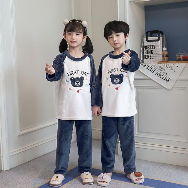 

pajamas 2022 set children's clothing nightwear boys winter plush homewear warm thick velt flannel girls tracksuit, Blue;red