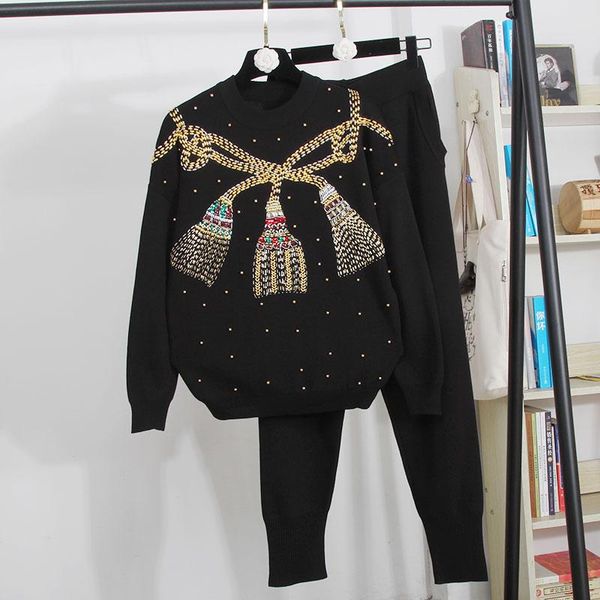 

black casual knitted tracksuit set women autumn manual beaded sequins pullover sweater pencil pants outfits female knit suit women's tw, White