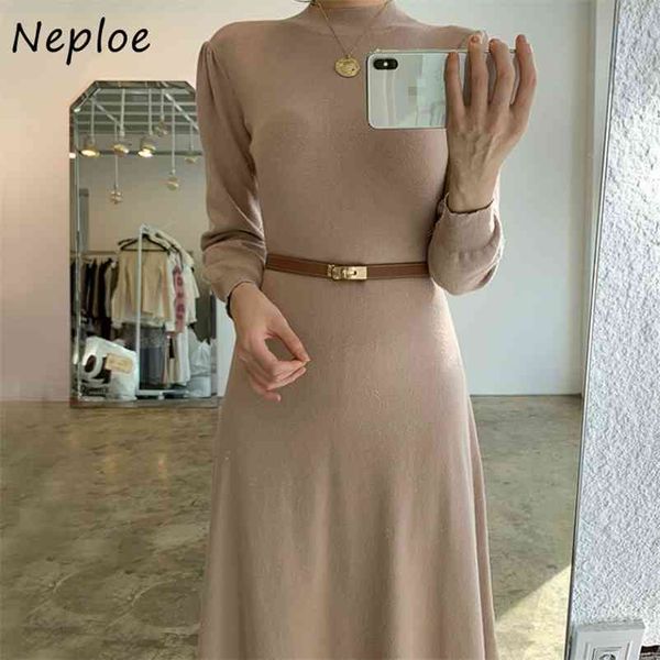 

french style elegant half-high collar knitted dress autumn chic slim fit dresses women solid color vestidos with belt 210422, Black;gray