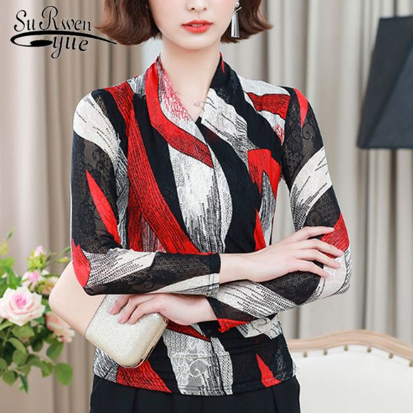 

casual long sleeve lace blouse slim print autumn clothing blusas mujer de moda v-neck mesh 6085 50 210521, White