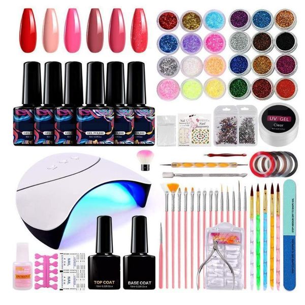 

acrylic nail kit for beginners,with shinny glitter and sequins, 6 colors gel polish 36w led lamp,french false nai1