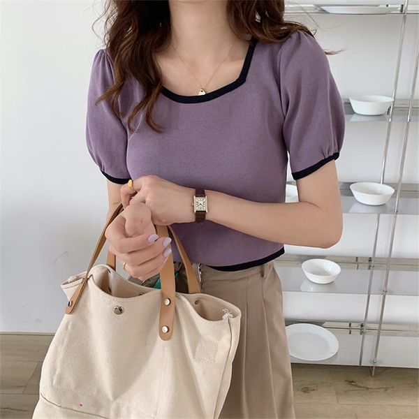 

korean streetwear puff sleeve summer women crop fashion cute knitted nylon femme camisetas mujer, White