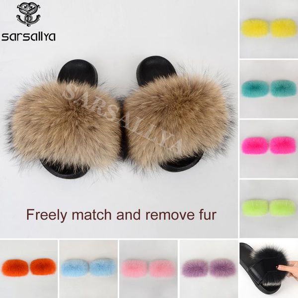

slippers real fur slides women fluffy summer female furry outdoor sandals shoes woman luxury ladies flat footwear 2021 wholesale, Black