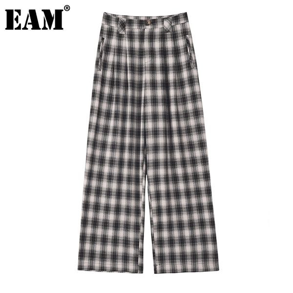

[eam] high waist plaid printed pleated long wide leg trousers loose fit pants women fashion spring autumn 1z005 210512, Black;white