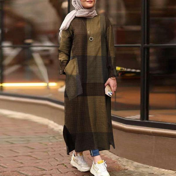 

ethnic clothing women vintage muslim maxi dress 2022 autumn plaid cherk ladies printed kaftan vestidos casual long sleeve sundress ab, Red