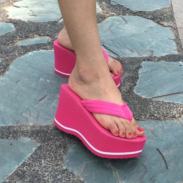

slippers women summer high heel platform sandals ladies wedges solid flip flops shoes girl outdoor beach, Black