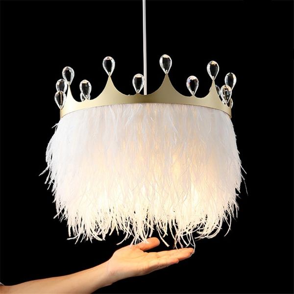 

pendant lamps nordic white feather crown lights princess bedroom modern girl romantic crystal hanging lighting