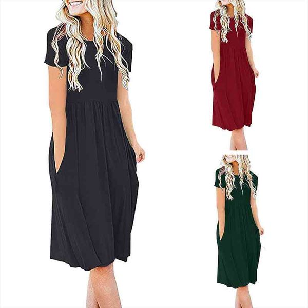 

fashion womens summer dress casual loose solid short sleeved dress lady high-waisted beach with pockets vestidos mujer, Black;gray