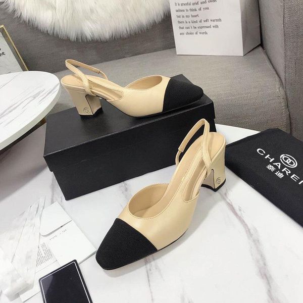 

dress shoes style french high-heeled in summer 2021 thick heel square head color matching high back empty women's sandals, Black