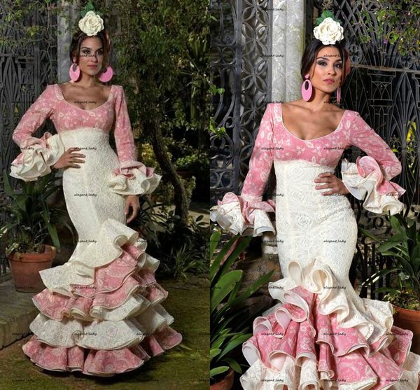 Vintage Saray Mermaid Akşam Örgün Elbiseler Tam Dantel Uzun Kollu Vestidos Flamenka İspanyolca Hafif Ruffles Balo Elbise Elbiseleri