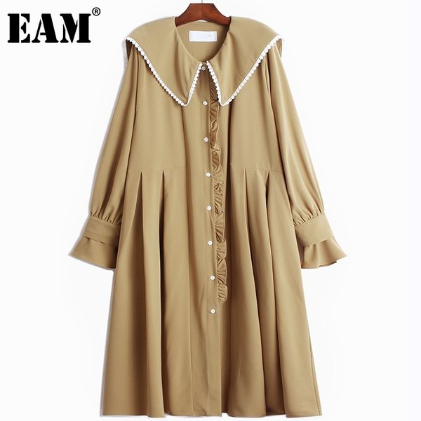 

[eam] women black big size pleated lace sashes dress sailor neck long sleeve loose fit fashion spring autumn 1dd8241 21512, Black;gray