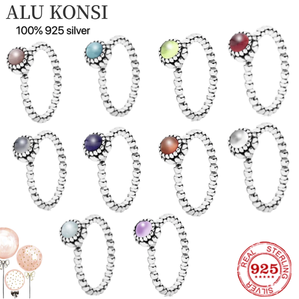 

original 100% 925 sterling silver wedding ring twelve months birthday blooms stone fashion pan ring for women bead charm gift diy jewelry wi, Slivery;golden