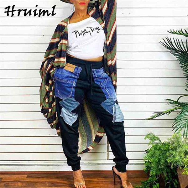 

jogging pants women patchwork fashion trousers strappy casual loose elastic waist pocket drawstring pantaloni donna 210513, Black;white