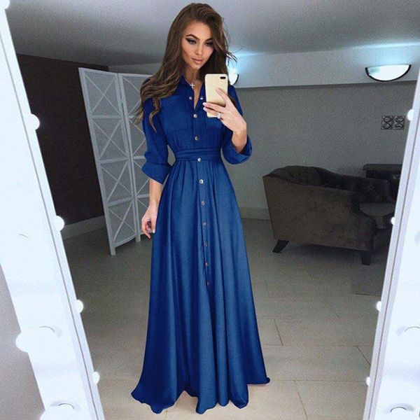 

casual dresses fashion women long sleeve shirt dress autumn turn-down collar ladies buttons ankle-length office plus size, Black;gray