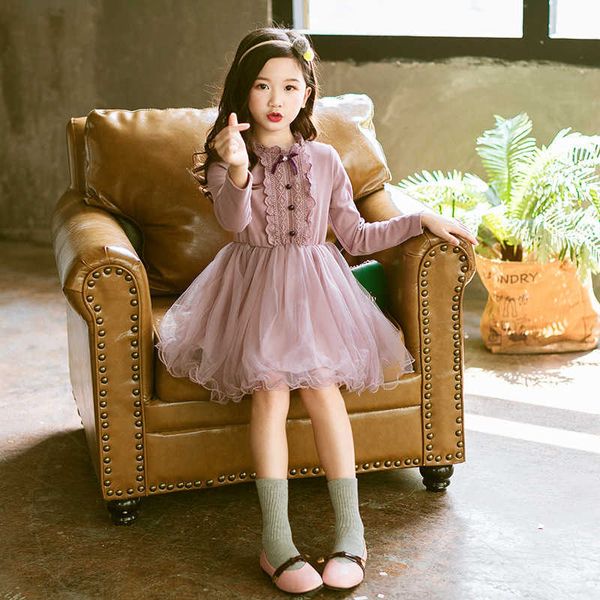 Mädchenkleidung Rosa Spitzenkleider für Mädchen Frühling Herbst Lässiges, langärmliges, geschichtetes Voile-Kleid für Mädchen im Alter von 4 7 8 12 14 Jahren Q0716